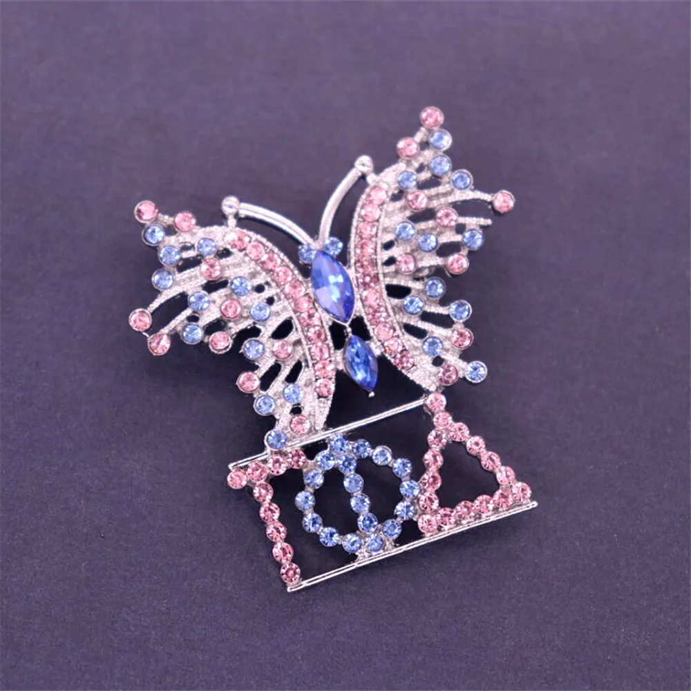 Sorority Womenhood Pink Blue Crystal Butterfly Greek Letters Gamma Phi Delta Brooch Pin Organization Jewelry