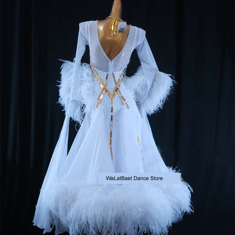 New Standard Ballroom Dance Dress Women Girls Competition Costume Lycra Waltz Stage Custom Made White Feather