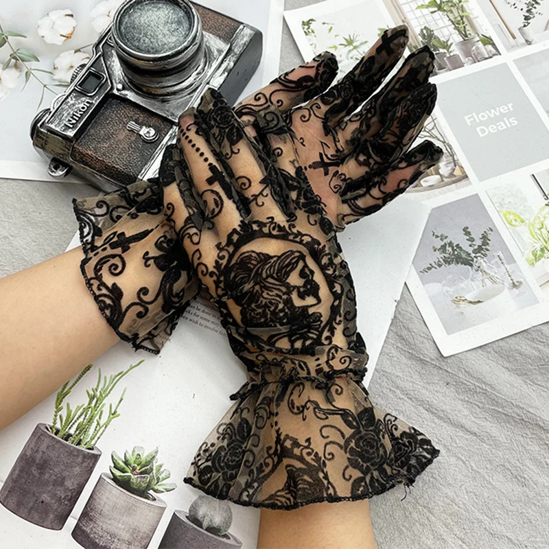 Women Halloween Party Mesh Full Finger Cross Skull Gloves Sexy Black Lace Summer Stretch Cycling Driving Sunscreen Mittens R44