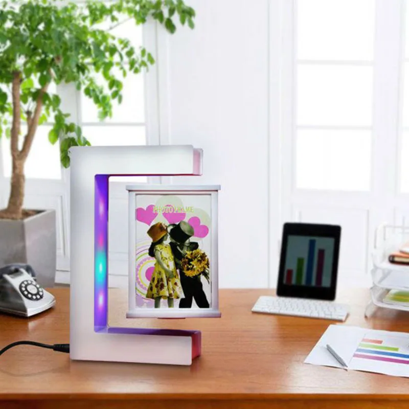 Magnetic Levitation Rotating Triangular Prism Picture Frame with Colorful LED Lights Floating Photo Frame for birthday gifts