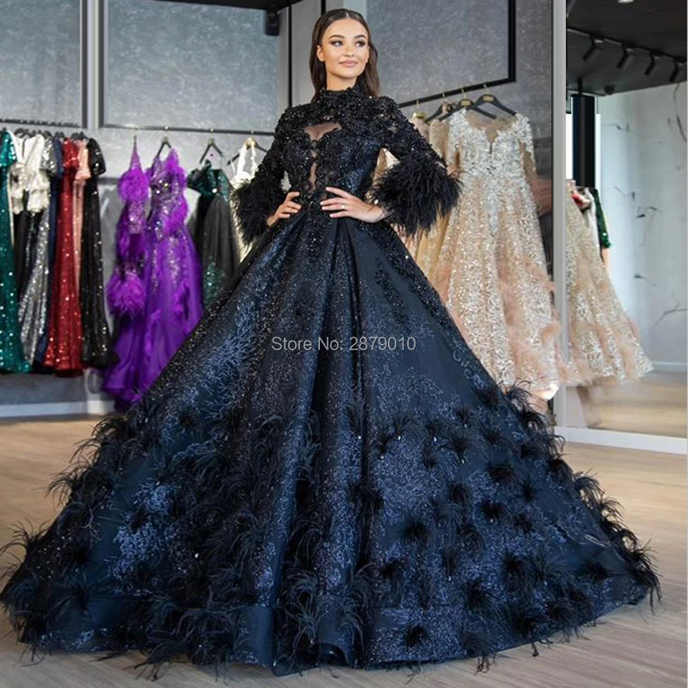 Black Luxury Ball Gown Evening Dress Floor-Length Applique Beaded Prom Dress Robe De Soiree Aibye Vestido de festa Formal Dress