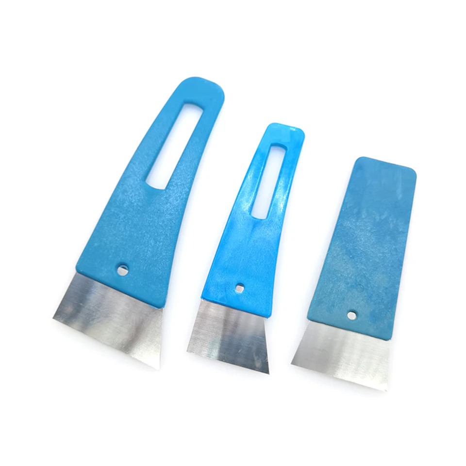 

Blue Stainless Steel Scraper with Plastic Handle Grill Scraper Slant Griddle Spatula Steak Shovel For Multi Sizes A137