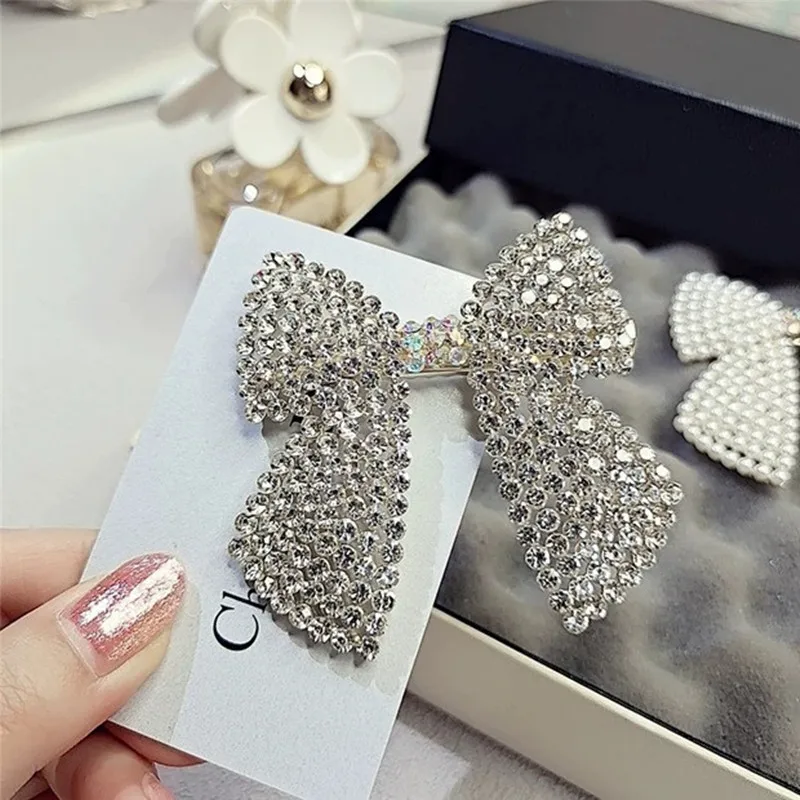 Rhinestone Pearl Bow Hair Clips Barrettes Women Boutique Diamond Bow Crystal Tie Wedding Jewelry Hairpins Hair Claws Wholesale