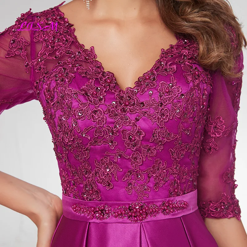 Purple Half Sleeves Evening Dresses 2020 Elegant Lace Appliqued Beaded Long Formal Gowns Illusion V-Neck Satin Prom Dress