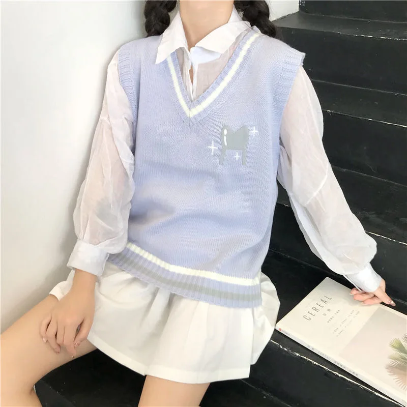 Original Pig Bow Embroidery JK Uniform Sweater Knitted Vest Women All-match Outer Wear Female Winter Loose Vest Autumn Clothes