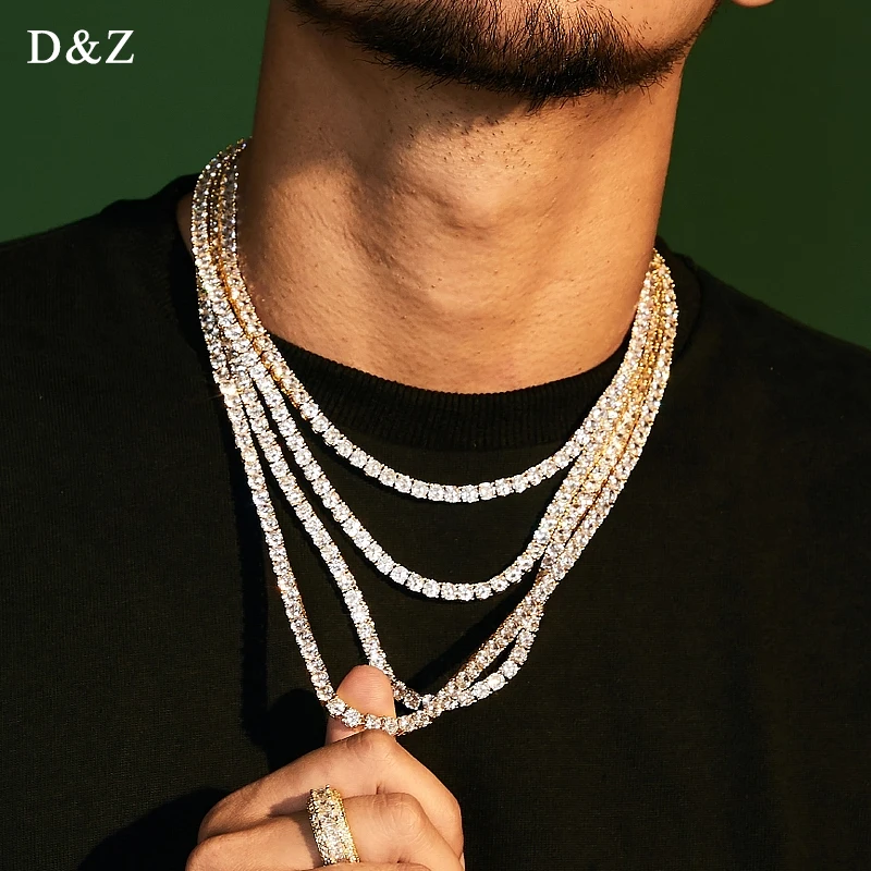 D&Z 3MM-6MM Spring buckle Iced Out Full Cubic Zircon 1 Row Tennis Chain Necklace Gold Silver Color Hip Hop Jewelry