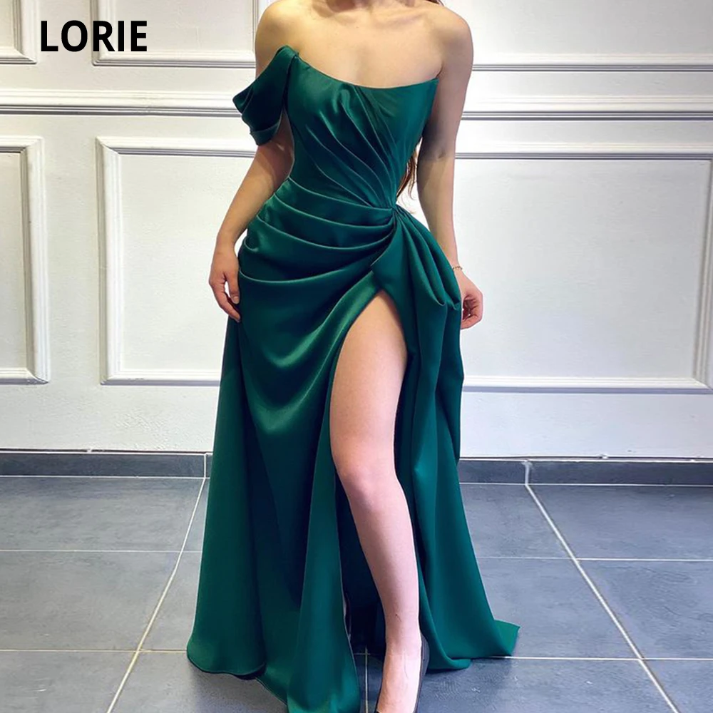 

Lorie Elegant Short One Sleeve Long Evening Dresses Side Split Pleats Satin Prom Gowns Formal Woman Party Robe De Soiree 2021