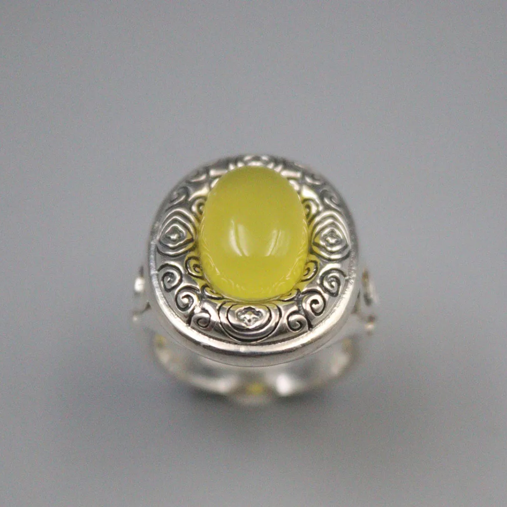 

New Solid Pure S925 Sterling Silver Yellow Chalcedony Band Women Ellipse Round Figure Ring 22mm US6-US8