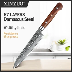 XINZUO 6'' Inch Utility Knife Damascus Steel Kitchen Knives Paring Stainless Steel Peeling Knife Sharp Cutlery Rosewood Handle