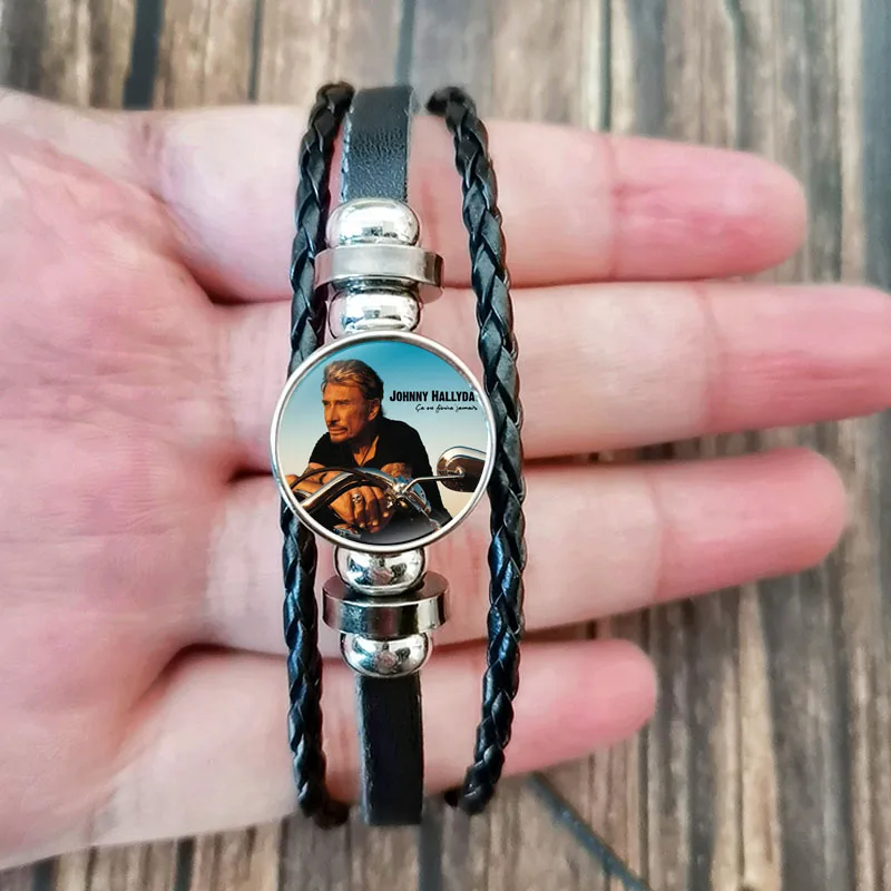 New Johnny Hallyday Leather Bracelet for Men Rock Star Art Poster Glass Button Handmade Bangles Wristband