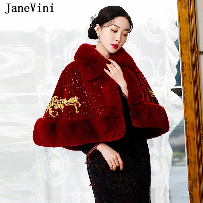 Janevini Fashion Bourgondië Vrouwen Faux Fur Wrap Shawl Gouden Applique Bridal Bolero Jacket Winter Warm Bont Cape Bruiloft Mantel Jas