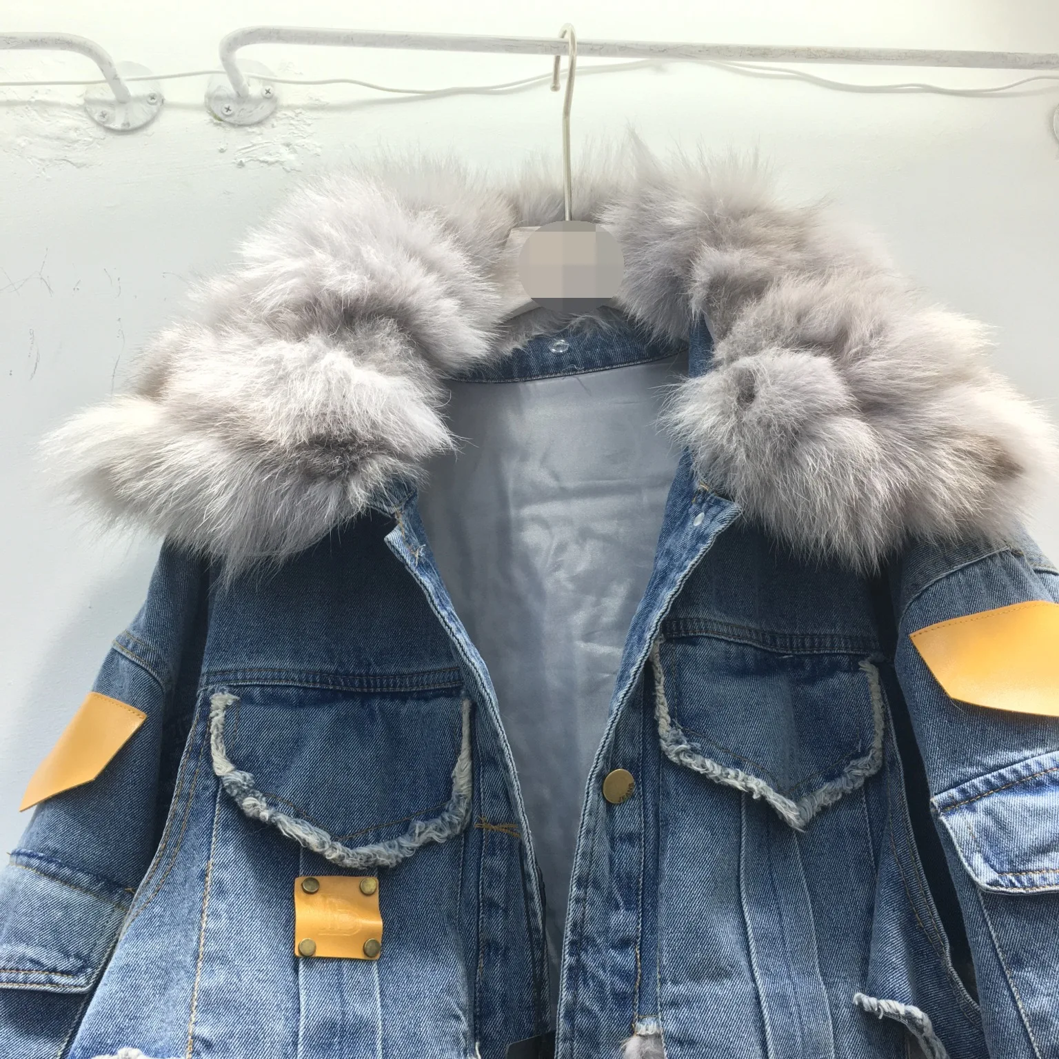 レディースデニムパーカ婦人服,ルーズ,厚手の暖かい本物のキツネの毛皮のコート,綿パッド入りジャケット2023