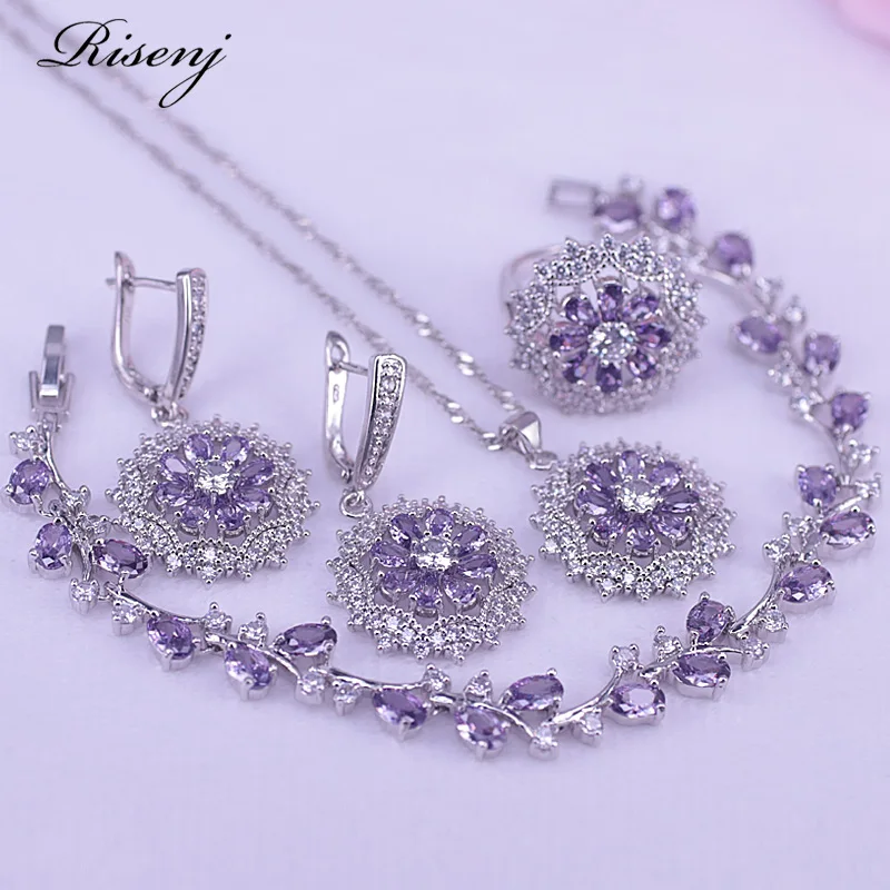 Risenj Silver 925 Jewelry Set For Women ins pop Daisy Square Jewelry Purple Zircon & Crystal Earrings Ring Necklace Bracelet Set