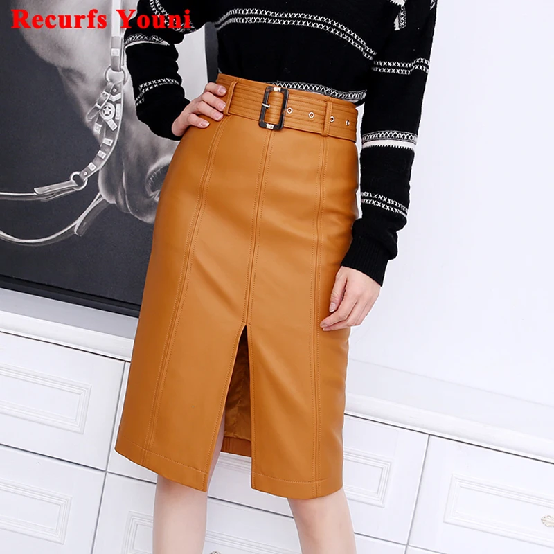 2023 Spring New Genuine Leather Skirt Women Female Vertical Stripes Thin High Waist Jupe Mujer Split Mid-Length Ginger Saias