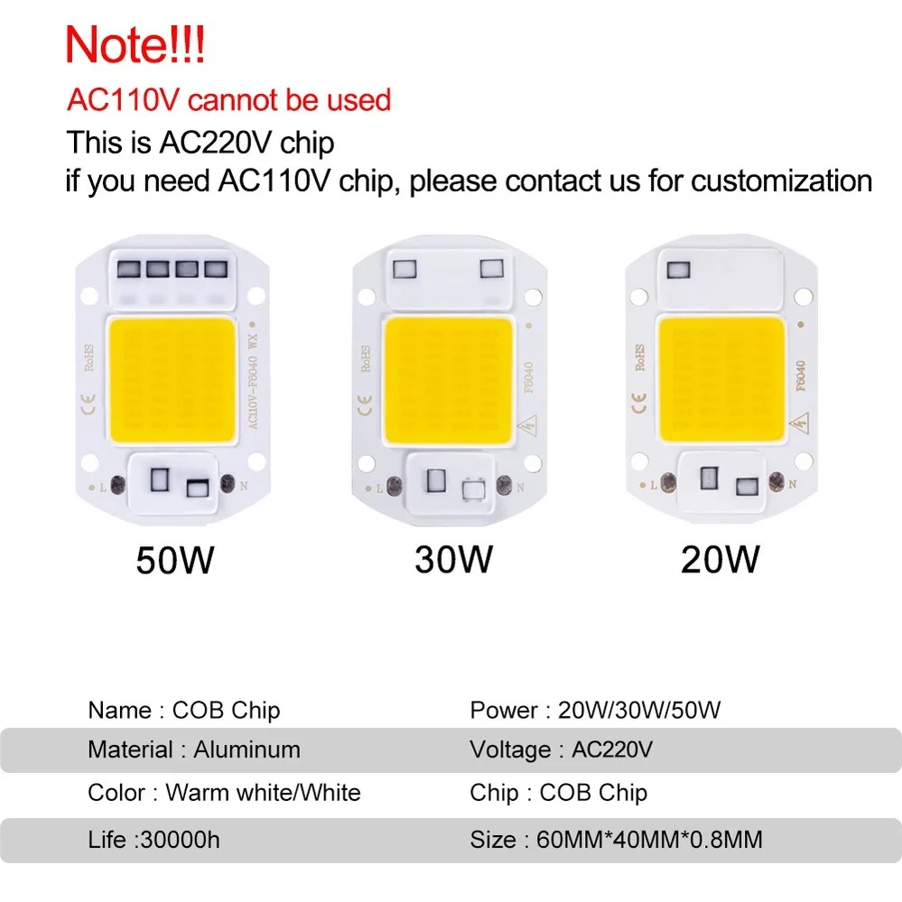 Aswesaw LED COB lamp Bead  20W 30W 50W AC 220V IP65 Smart  No Need Driver DIY Flood light Led Bulb Spotlight Outdoor Chip Lamp