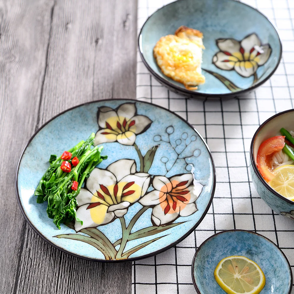 Japanese and Korean Hand-painted Kiln Changing Tableware Set Household Ceramic Rice Bowl Meal Plate Fish Plate Ceramic Tableware