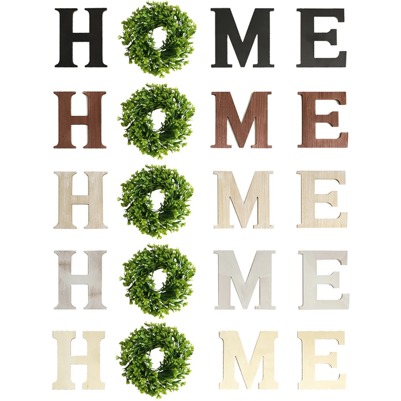 4Pcs/Set DIY Wooden Home Letter Sign Artificial Wreath Wall Hanging Living Room Art Craft Decoration Family X-mas Party Decor