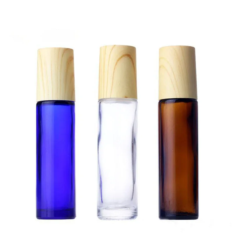 

10ml Blue Clear Amber Empty Roll on Glass Perfume Bottles STAINLESS STEEL ROLLER Refillable Roll bottles With Wooden Grain Cover