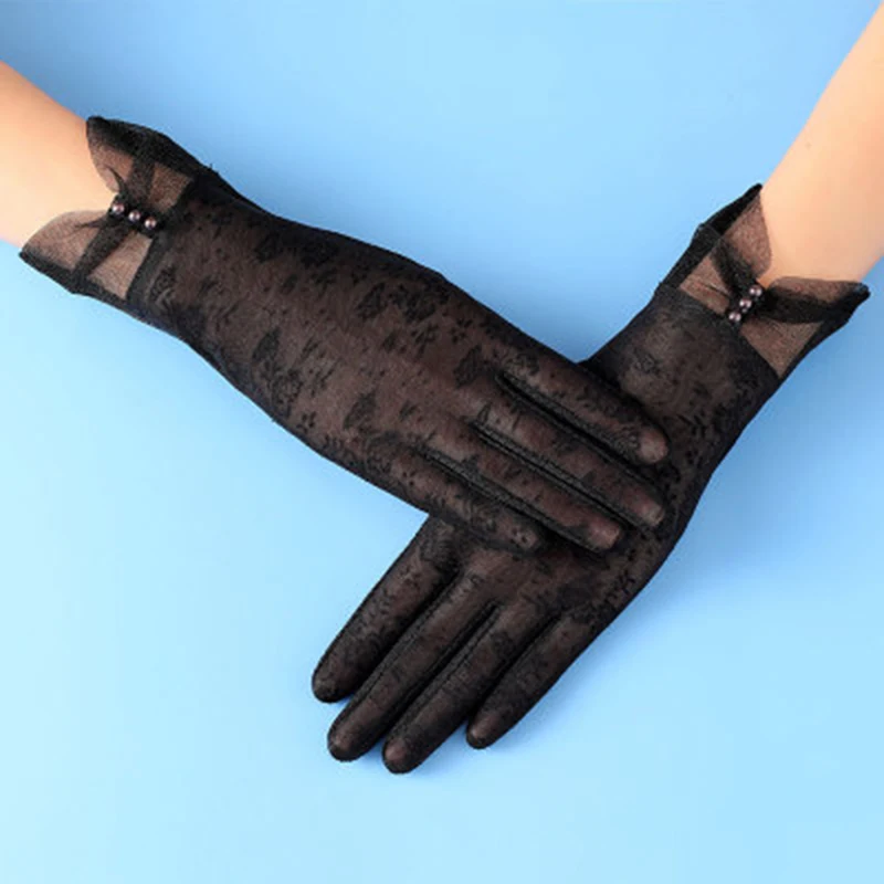 

Thin Ice Silk Lace Pearl Flowers Bow Touch Screen Viscose Driving Gloves Summer Women UV Sunscreen Short Cycling Sun Gloves K44