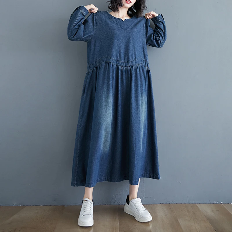 New Patchwork Pleated Vintage Washed Women Denim Dresses With Pockets Small v-Neck Temperament Office Lady Loose Female Frocks