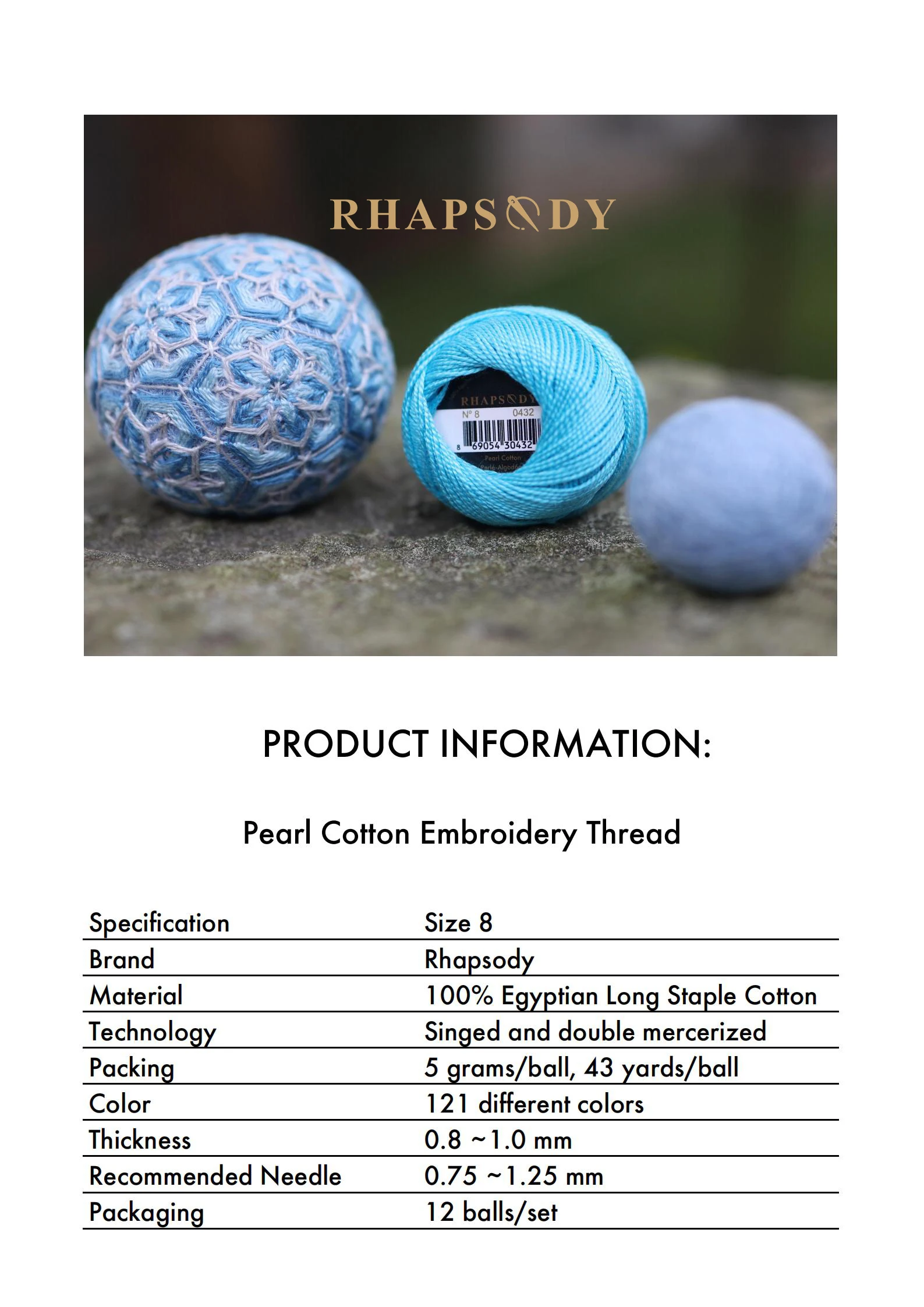 Rhapsody Größe 8, Häkelfaden, doppelt merzerisiert, lange Stapel, ägyptische Baumwolle, Perle, 12 verschiedene Farben, Set 43 Yards, 5 Gramm Kugel – Detail 3
