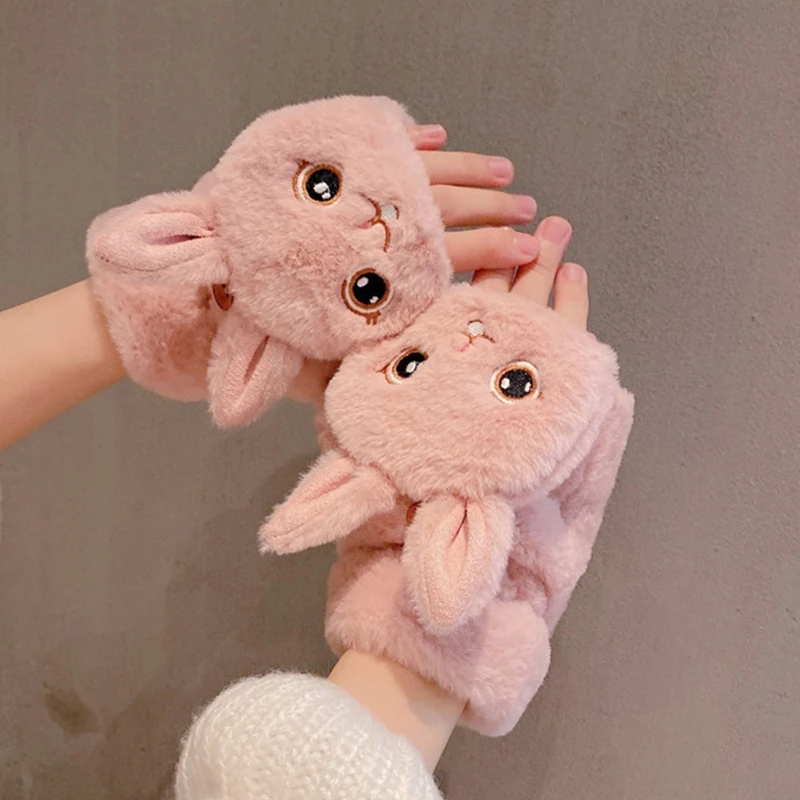 

Fuzzy Fingerless Gloves Winter Warm Rabbit Gloves Cartoon Mitten with Flip Top