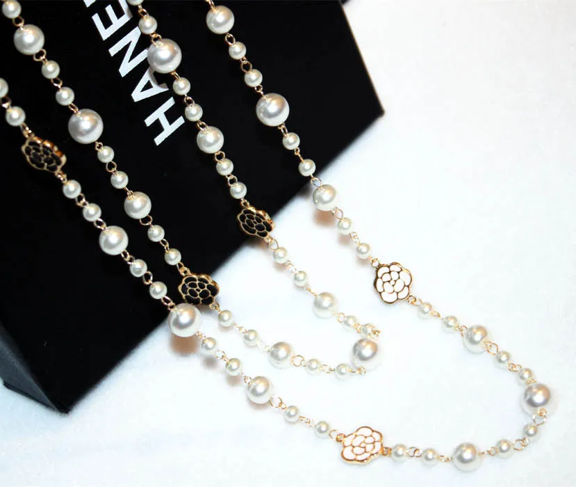 layered pearls beads  flower long pendant sweater necklace for women