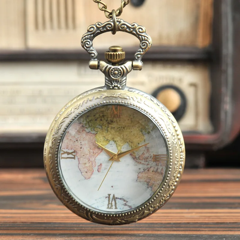 9015Fashion Good Quality Quartz Watch Necklace Vintage Bronze World Map Transparent Glass Pocket Watch