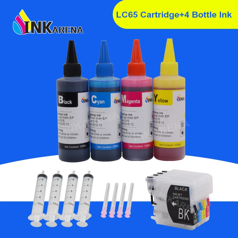 INKARENA Bottle Ink 400ml + LC 65 XL Printer Ink Cartridge For Brother LC 11 16 38 61 65 67 980 990 1100 DCP 385C 390CN 395CN