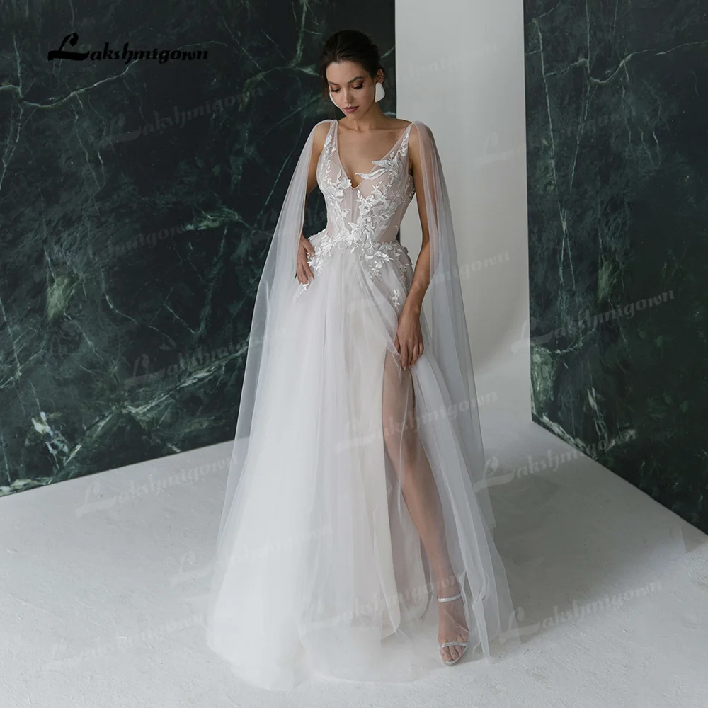 Abiti da sposa principessa Boho scollo A V bianco avorio Sexy spaccature alte una linea abito da sposa senza schienale Robe Mariee ricamato con pizzo