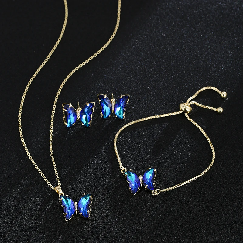 GMGYQ Butterfly Glass Material Romantic Jewelry Bracelet Necklace Earring Set for Women Wedding Dinner Dress Accessories