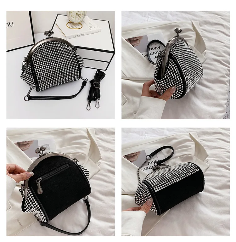 Fashion Diamonds Women Shoulder Bag Chains female Crossbody Bag Small Kiss Lock Female Handbag pu leather cute phone bags black