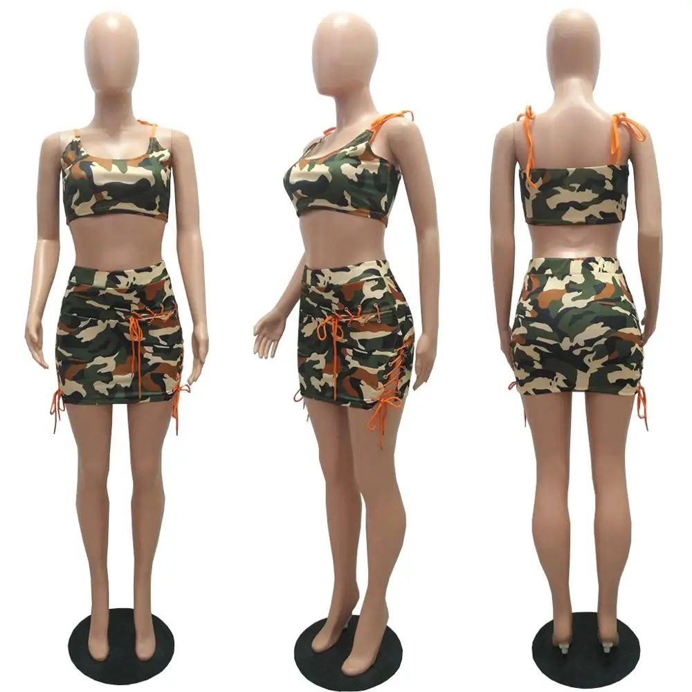 BKLD Sexy Club Outfits 2024 New Fashion Camouflage Printed Bandage Sleeveless Crop Top And Bodycon Skirts Two Piece Set Women