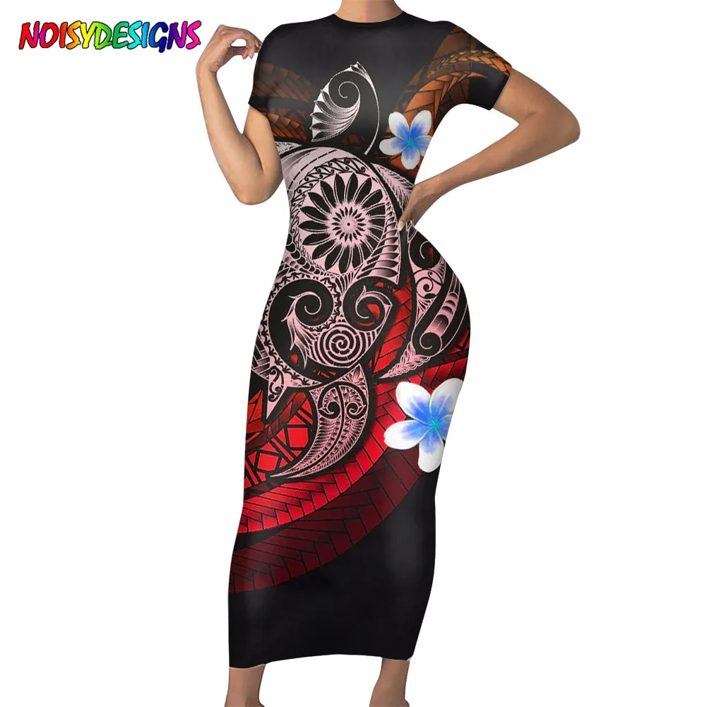 NOISYDESIGNS Womens Dress Vestido Short Sleeve Slim Bodycon Polinesian Turtle Design Crew Neck Casual Pencil Dress Drop shipping