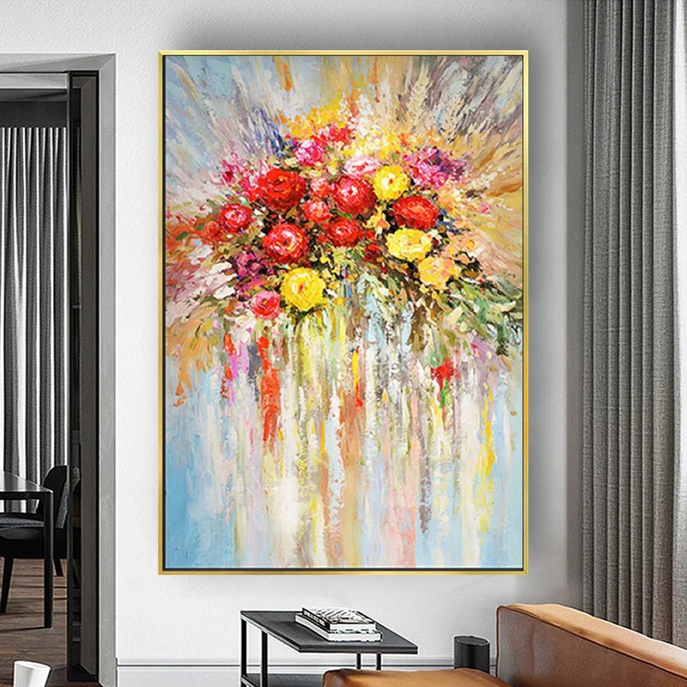 

100% Hand-Painted Modern Minimalist Potted Flower Red Yellow Orange Canvas Oil Painting Wall Art Picture For Living Room Decor