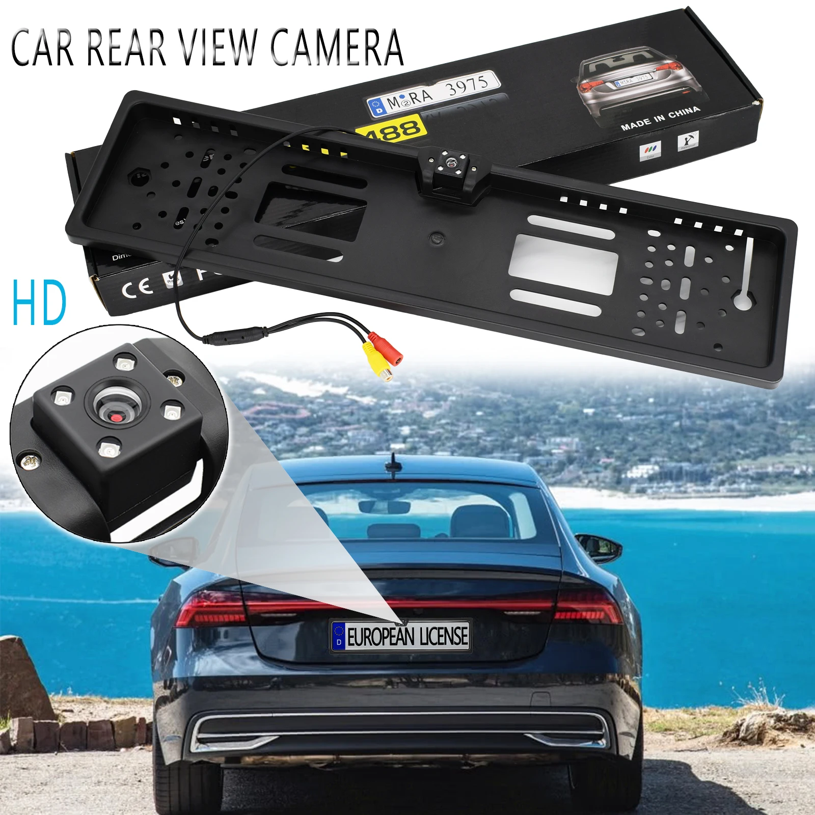 HD Car Rear View Camera EU European License Number Plate Frame Waterproof Night Vision Reversing Back up Camera 4 LED Light