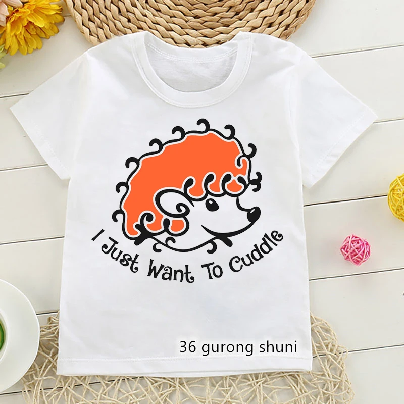 

Kawaii Children'S Clothing I Just Want To Cuddle Hedgehog Graphic Print T-Shirt Girls/Boys Funny White Tshirt Harajuku Shirt