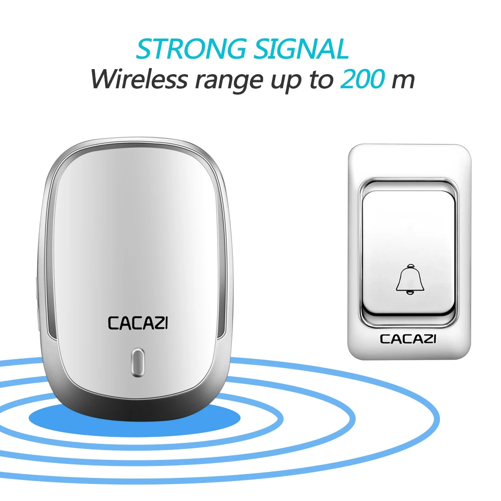 CACAZI Wireless Doorbell DC battery-operated Waterproof Smart Home Cordless Doorbell Chime 200M Remote 23A12V Battery Button