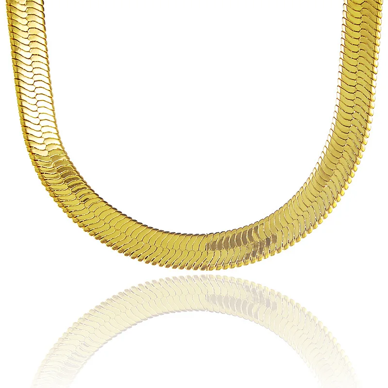 Thin Soft Herringbone Chain Necklace Pure Gold Color 18K Yellow Gold Plated Punk Hip Hop Jewelry for Mens Boys 10mm, 24\