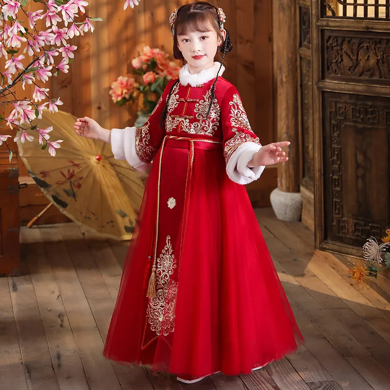 Winter Chinese Borduurwerk Traditionele Dikke En Gewatteerde Kinderen Oude Hanfu Meisjes Nieuwjaar Outfits Kids Kostuums Voeren