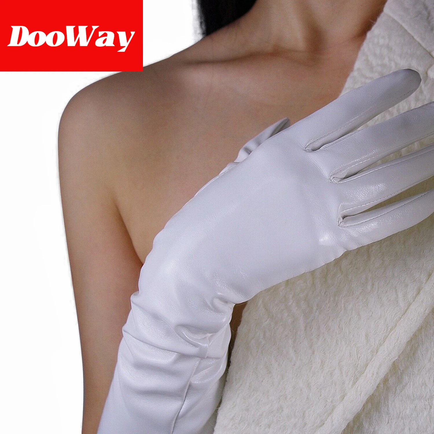 Dooway luva longa de látex da moda feminina fantasia de couro pu branca 20 polegadas