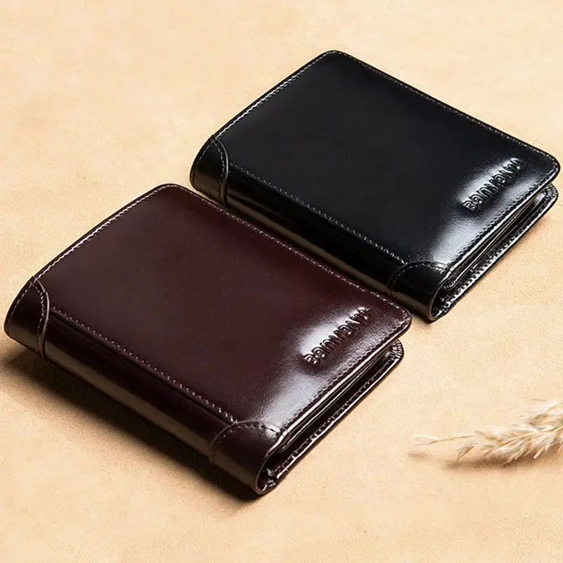 

POOLOOS New Design RFID Men's Wallet Genuine Leather Vintage Black Purse For Men Mini Card Holder Male Short Wallet 3 folds