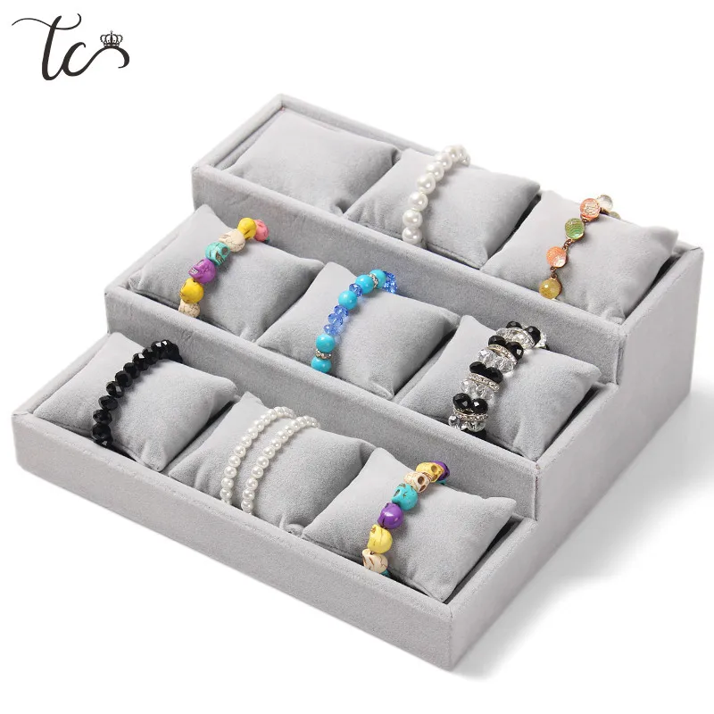 

Bracelet Jewelry Display Holder 3 Layer 9 Grids with Soft Pillow Necklace Watch Bangle Jewelry Counter Showcase Organizer Tray