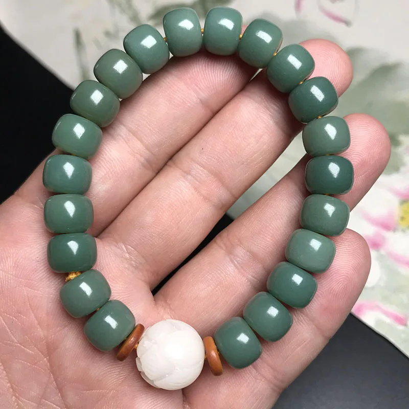 Natural Green Bodhi Seed Beads Bracelet Bangles for Women Men Buddha Charm Bracelet Tibet Prayer Lotus Mala Healing Jewelry