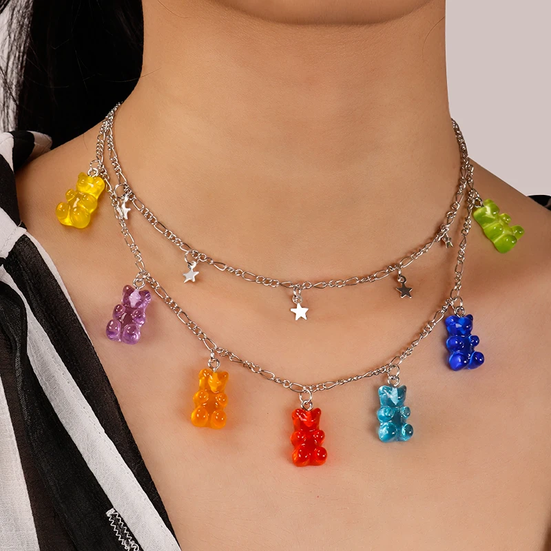 Aihua Candy Color Stars Hearts Gummy Mini Bear Chain Necklaces for Women Cute Crtoon Animal Pendant Jewelry Femme Bijoux Collare