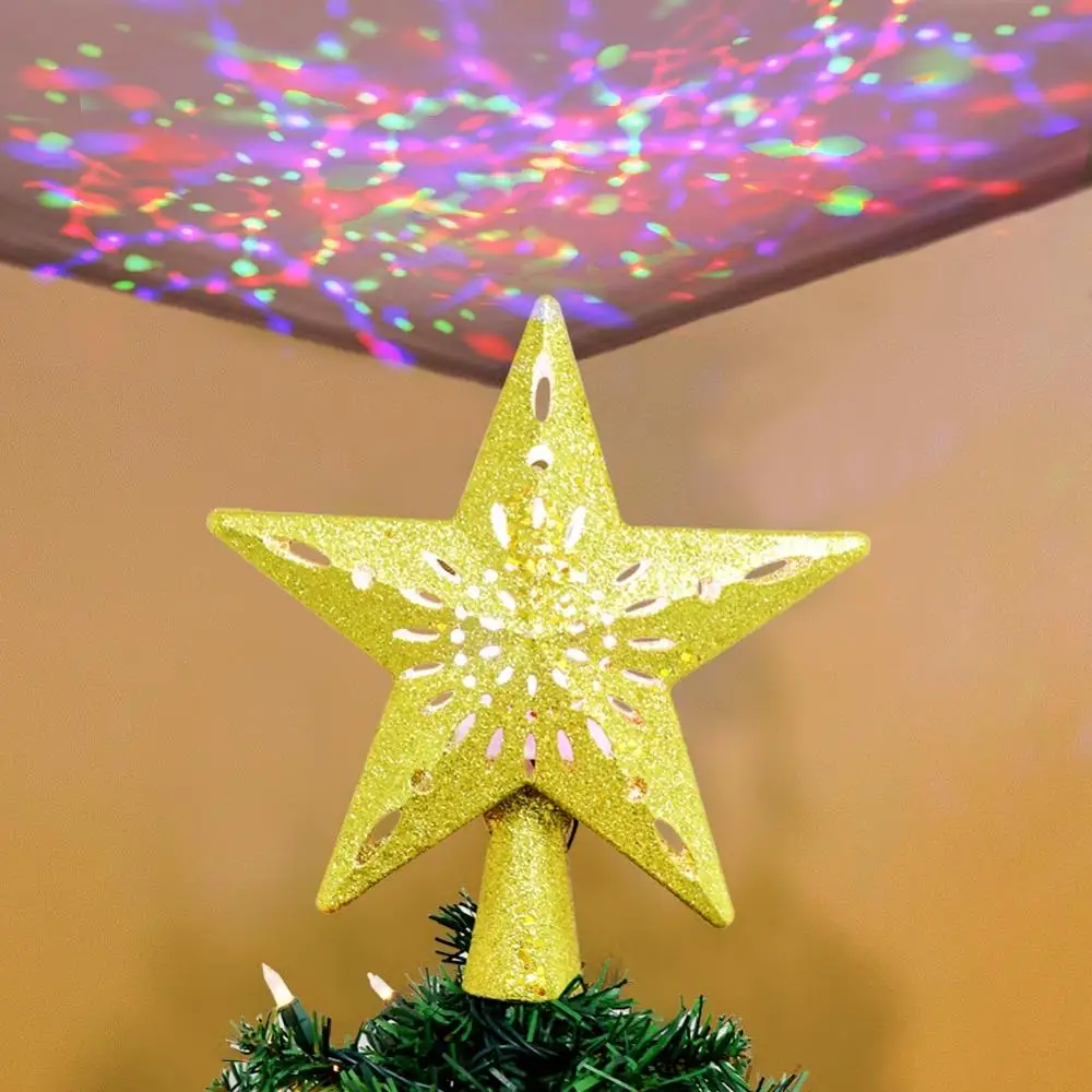 OurWarm 3D Glitter Star Christmas Tree Topper with Built-in Rotating LED Snowflake Projector Christmas Tree Ornament Home Decor