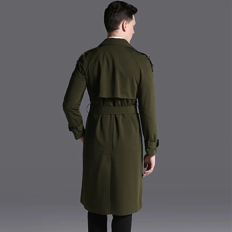 Classic Brand Extra Long Arm Green Coat Trench for Men  Autumn Latest Design Raglan Sleeve Outwear Male British Overcoat