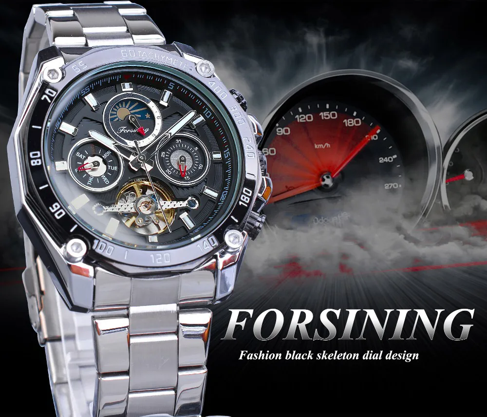 Forsining Brand Black Male Mechanical Watches Automatic Multifunction Tourbillon Moon Phase Date Racing Sport Steel Band Relogio