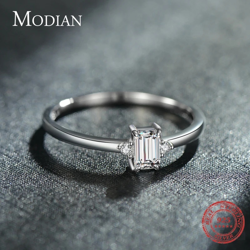 Modian Authentic 925 Sterling Silver Classic Charm Emerald Cut Zirconia Finger Rings For Women Hypoallergenic Wedding Jewelry