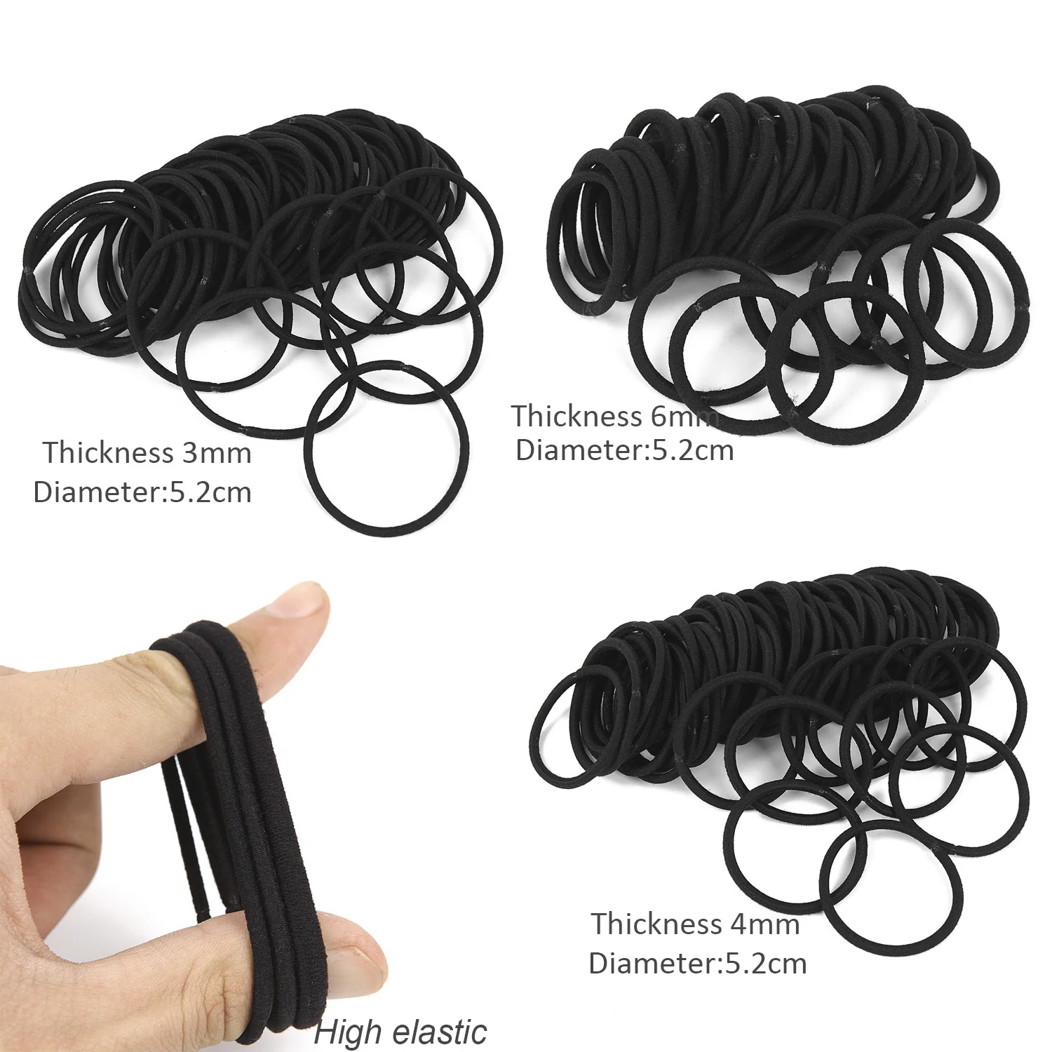 50pcs Black Hair Bands for Women Girls Step Size Hair Elastic Rubber Bands Basic Hair Ties Rope Ponytail Holder Hairbands Thick